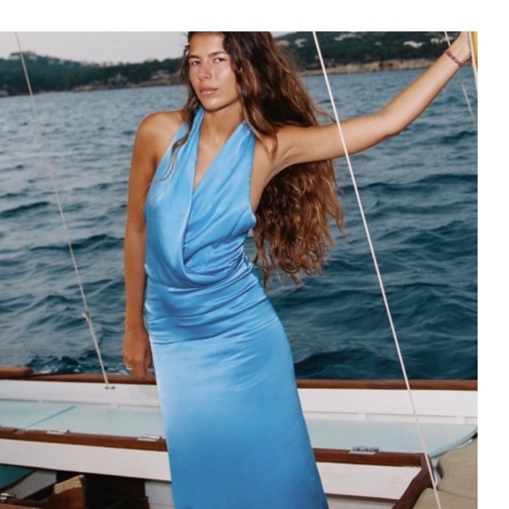 Zara Blue Satin Halter Draped Midi Dress XL 7744/431 Wedding Guest Coastal Summr